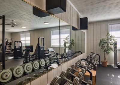 Interior of a gym showcasing exercise machines and a ceiling fan, designed for an optimal workout environment.