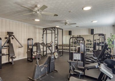 A well-equipped gym room with exercise machines and mirrors, designed for fitness enthusiasts to train effectively.