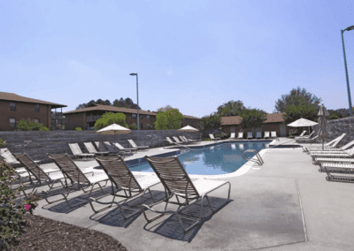 A serene pool located in a park, bordered by lush greenery at the edge of a tranquil wooded area.